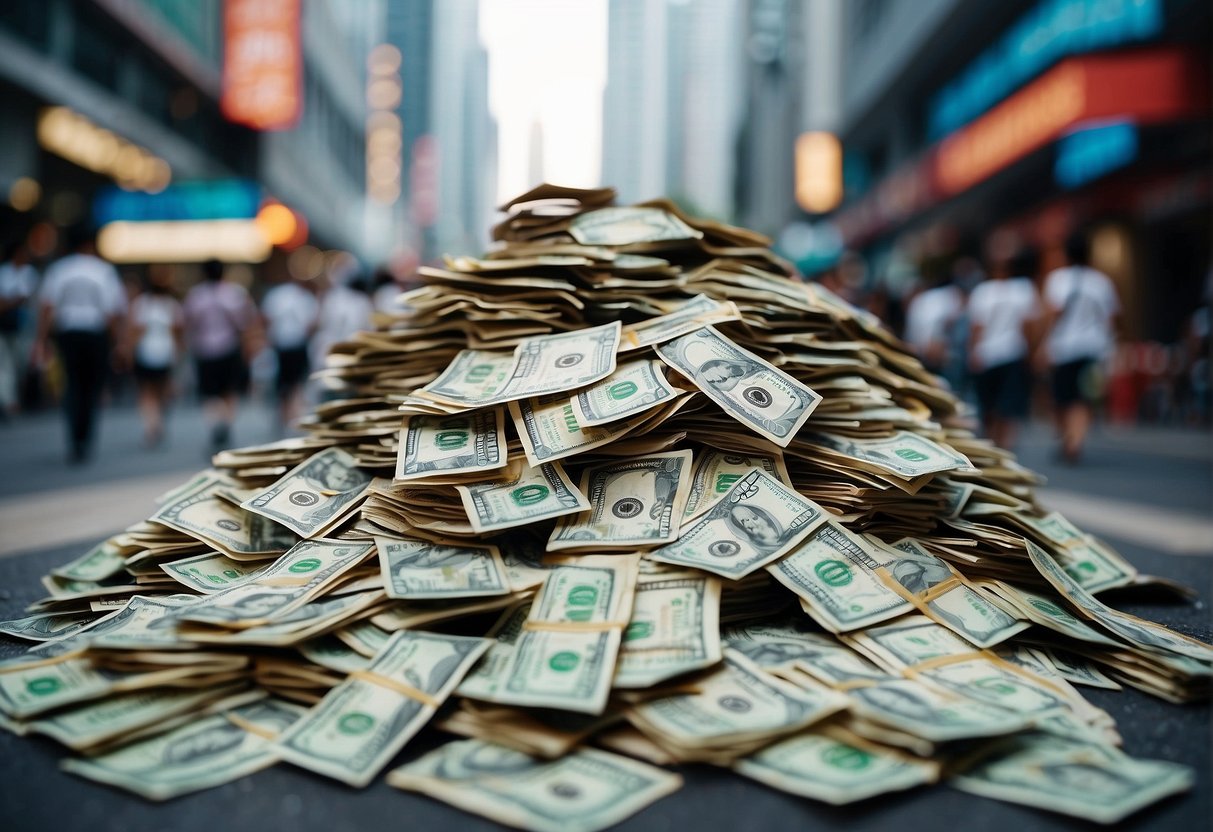 A pile of dollar bills surrounded by promotional banners and signs in a bustling Singaporean street