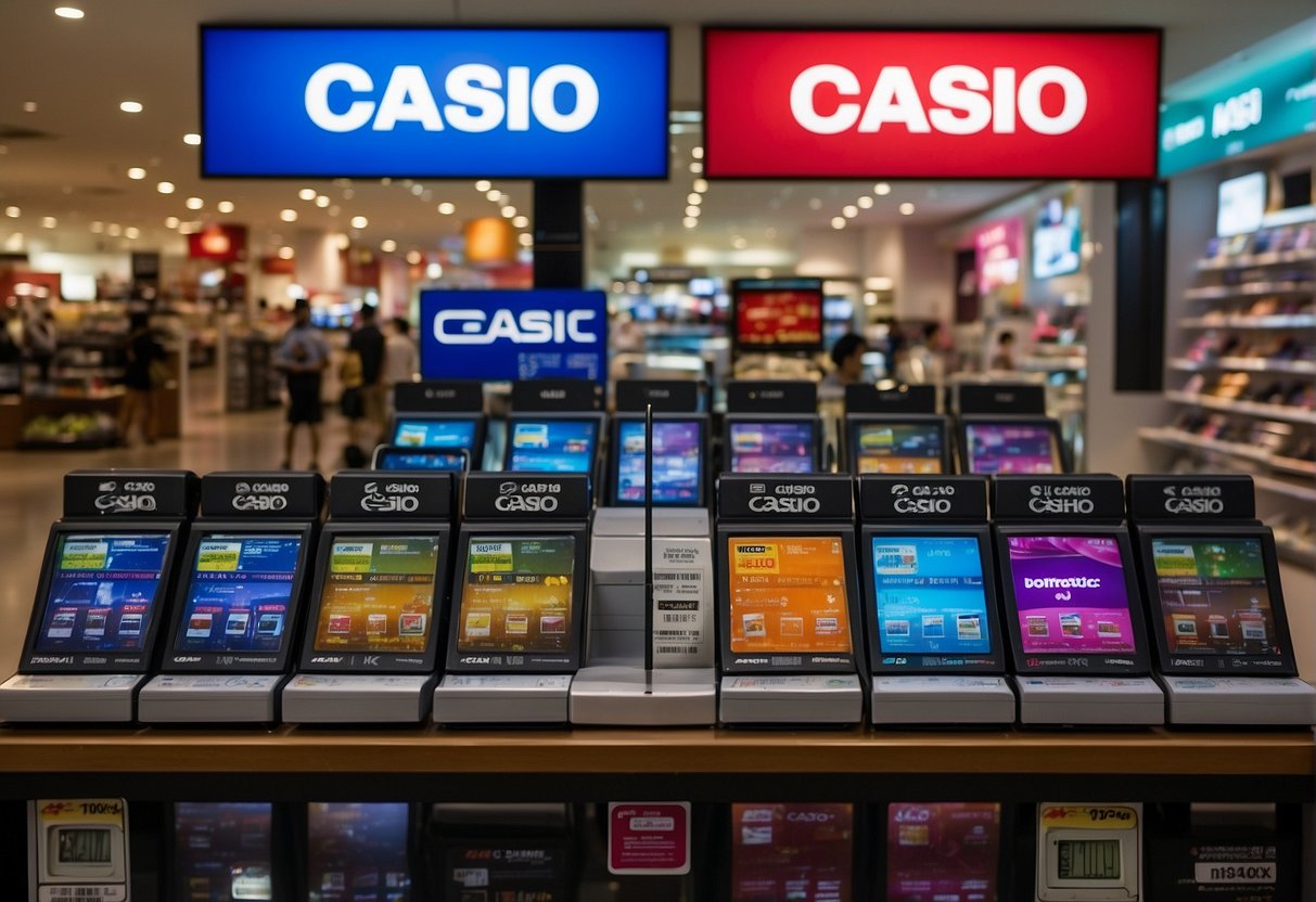 A colorful display of Casio products with promotional signage in a bustling Singaporean retail store