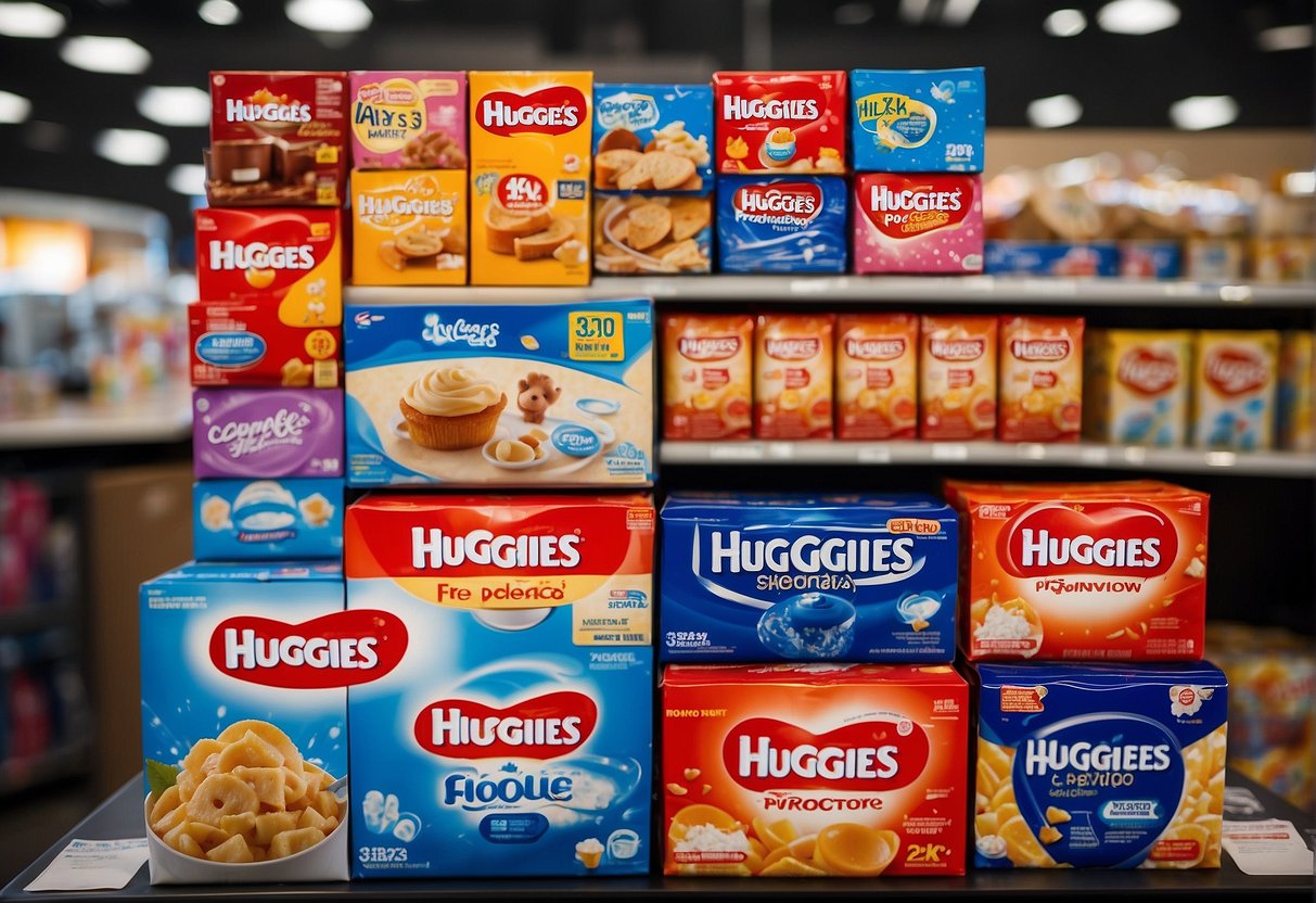 A display of Huggies promotions in Singapore, featuring various products and attractive deals