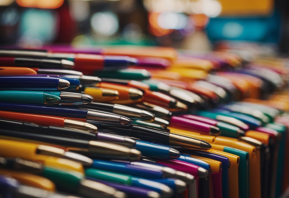 A colorful display of pens and promotional materials in a bustling Singapore market