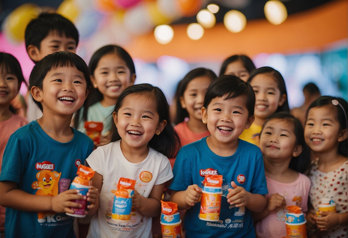 A group of happy children playing with Huggies products at a vibrant promotional event in Singapore
