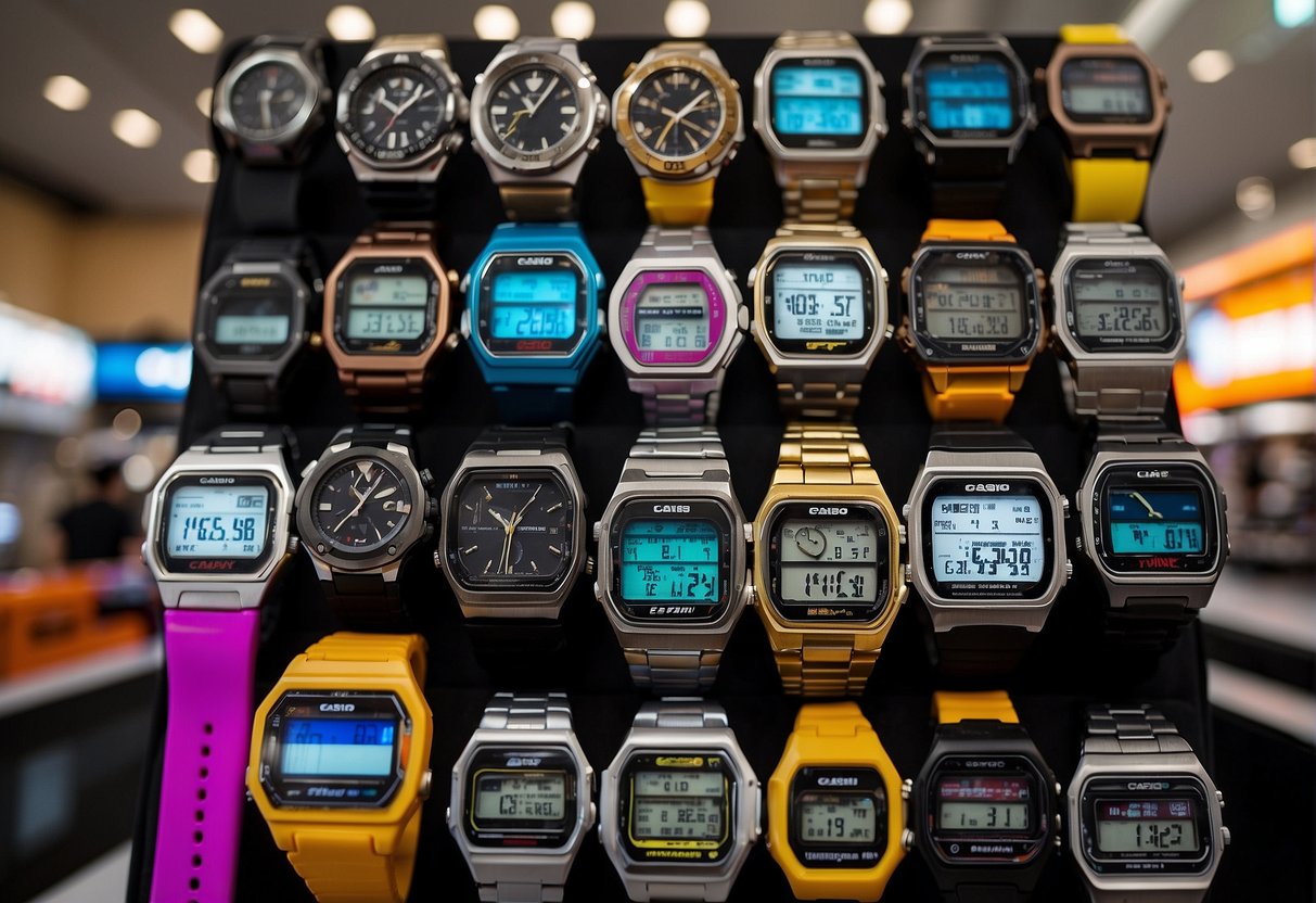 A colorful display of Casio watches and electronic devices, surrounded by promotional signs and banners in a busy Singapore retail store