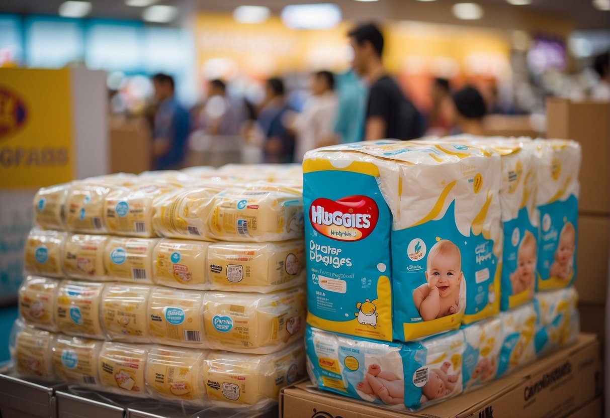 A stack of Huggies diaper packages with promotional stickers, surrounded by happy babies and parents in a bustling Singapore market