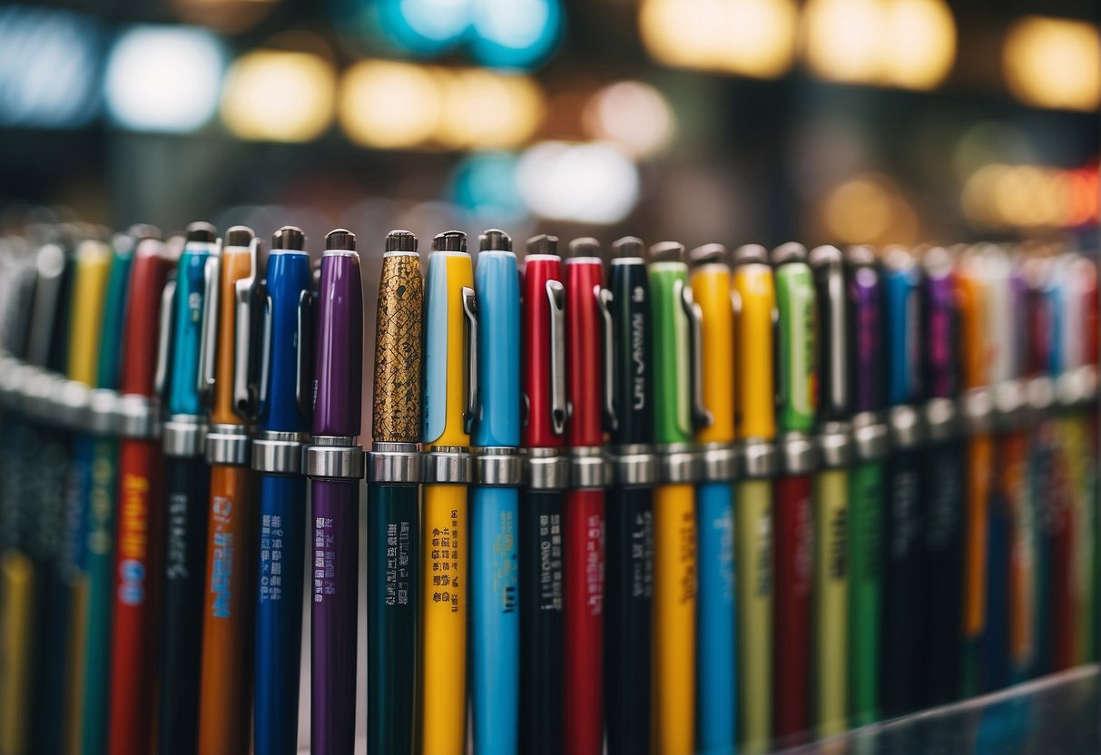 A colorful display of customised pens with promotional signs in a bustling Singapore market