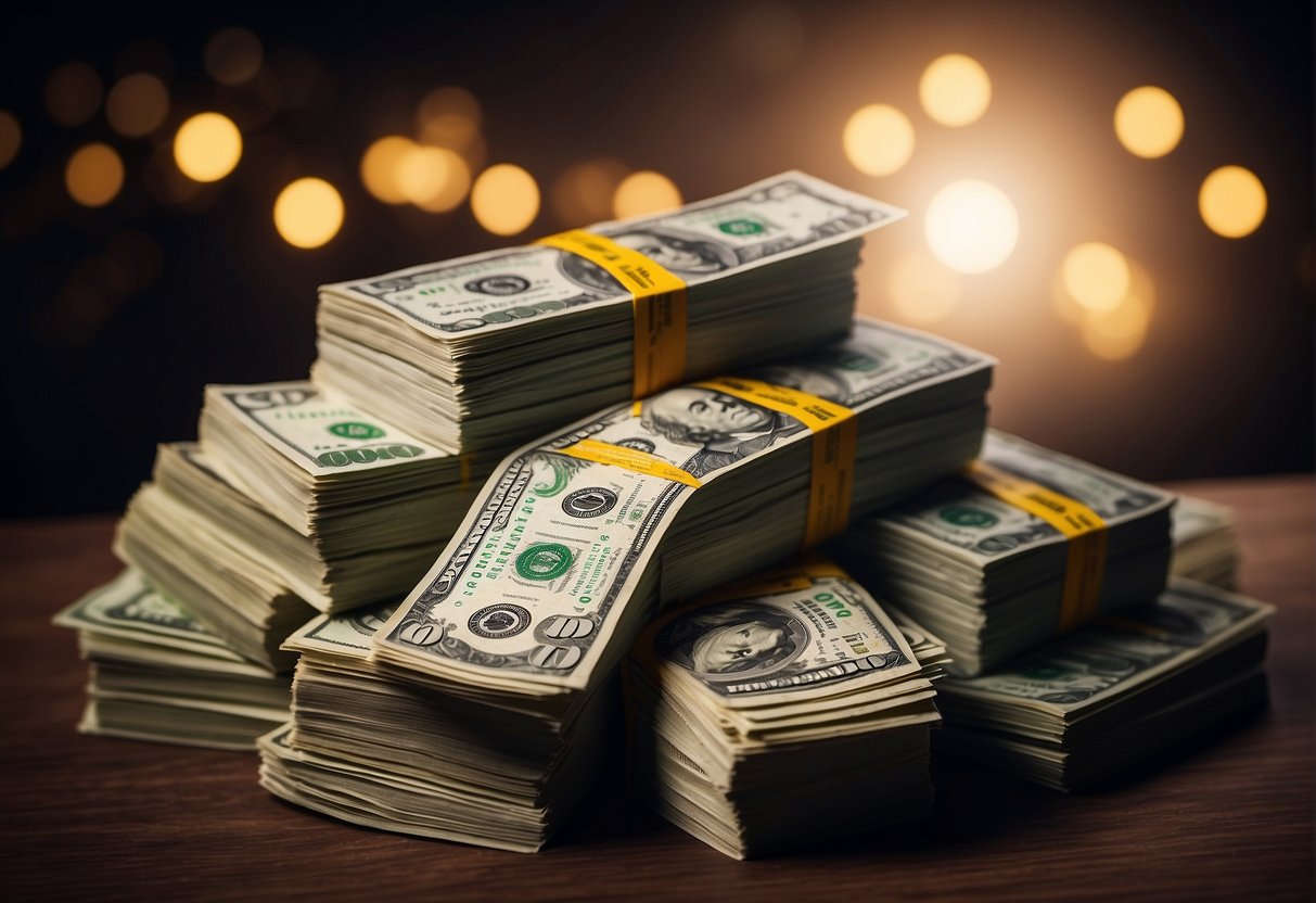 A stack of dollar bills surrounded by promotional signs and logos, with a spotlight shining on the display