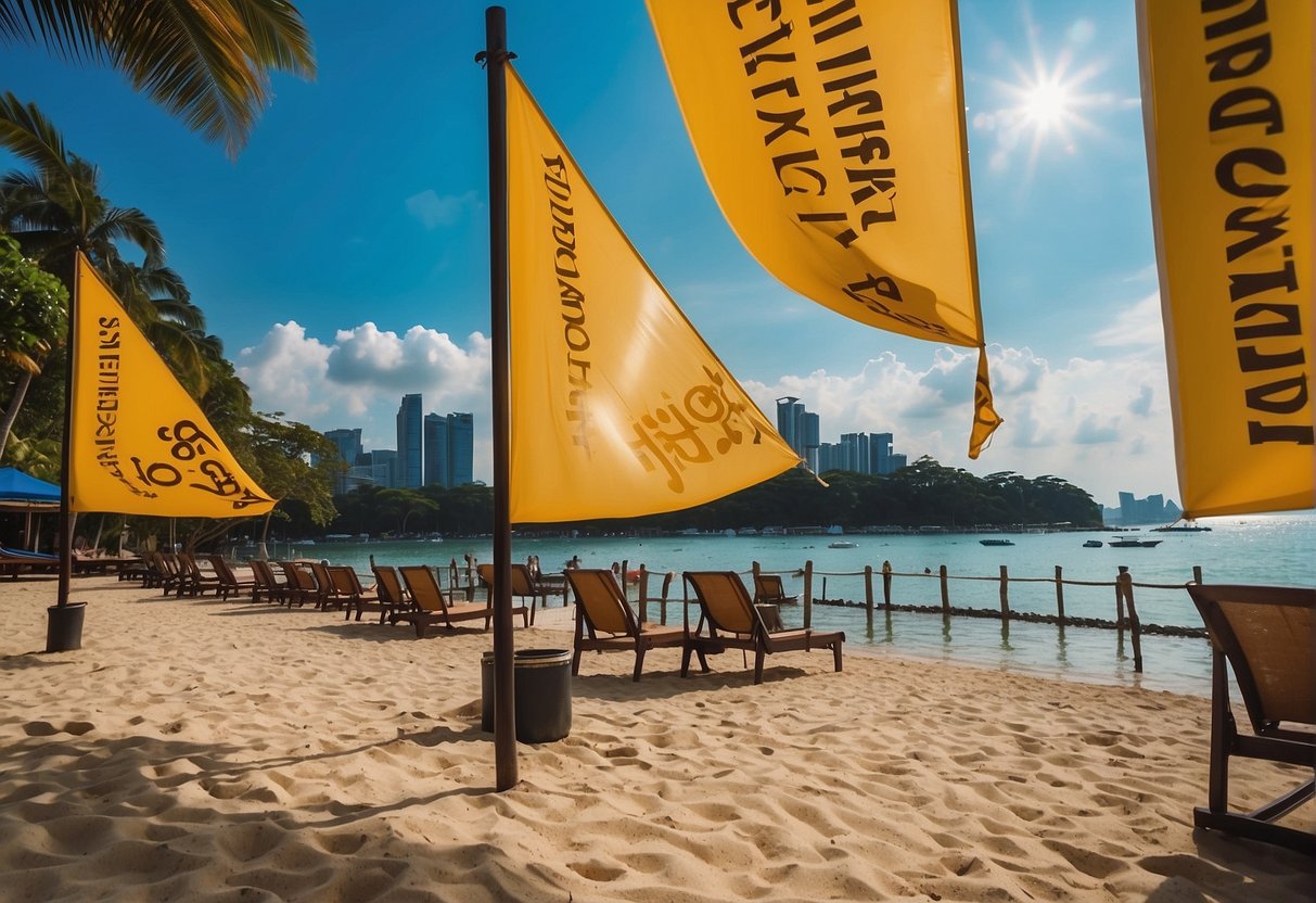A vibrant beachfront with colorful banners advertising Rasa Sentosa promotions in Singapore. The sun shines on the sandy shore and clear blue waters
