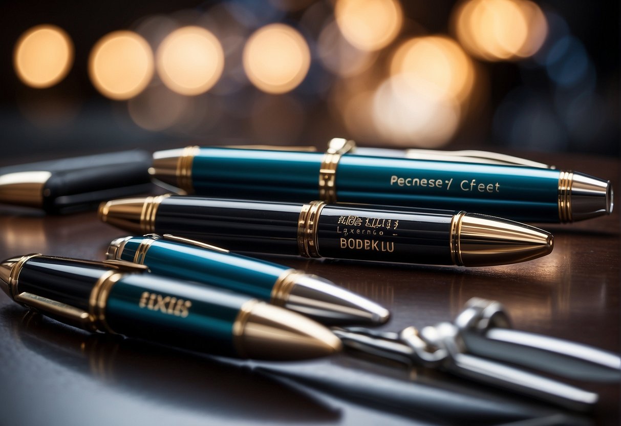 A table with an assortment of branded pens displayed with a sign promoting exclusive offers for professionals