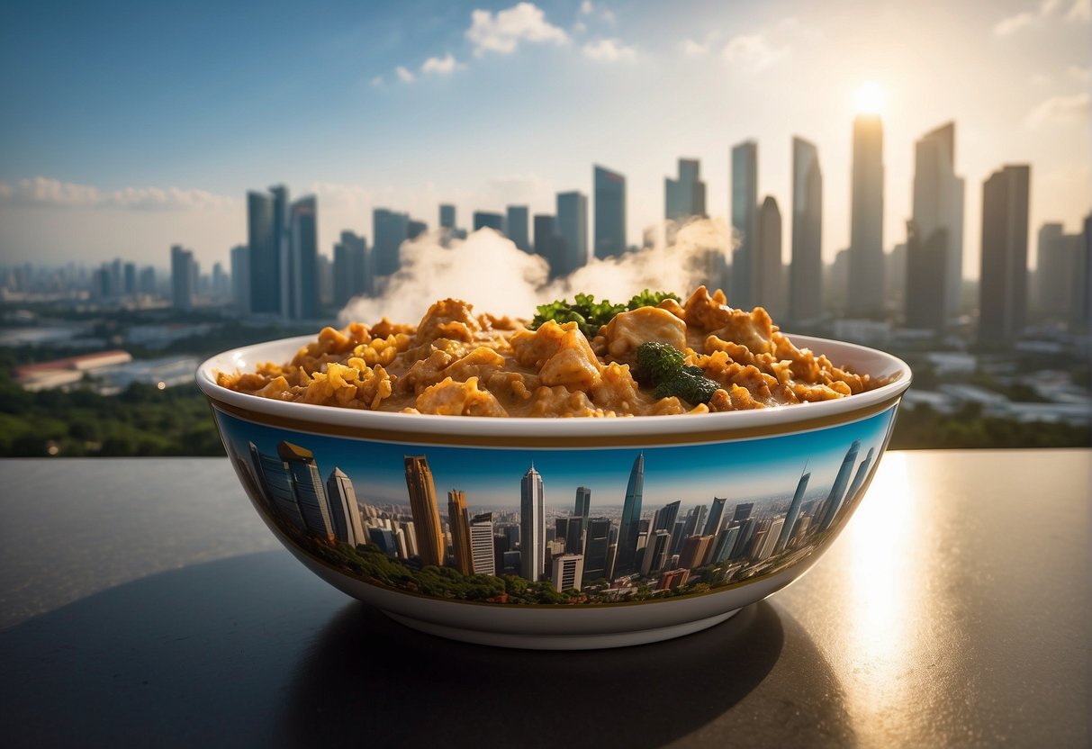A giant monster-shaped curry bowl towers over Singapore skyline, with steam rising and promotional banners fluttering in the wind