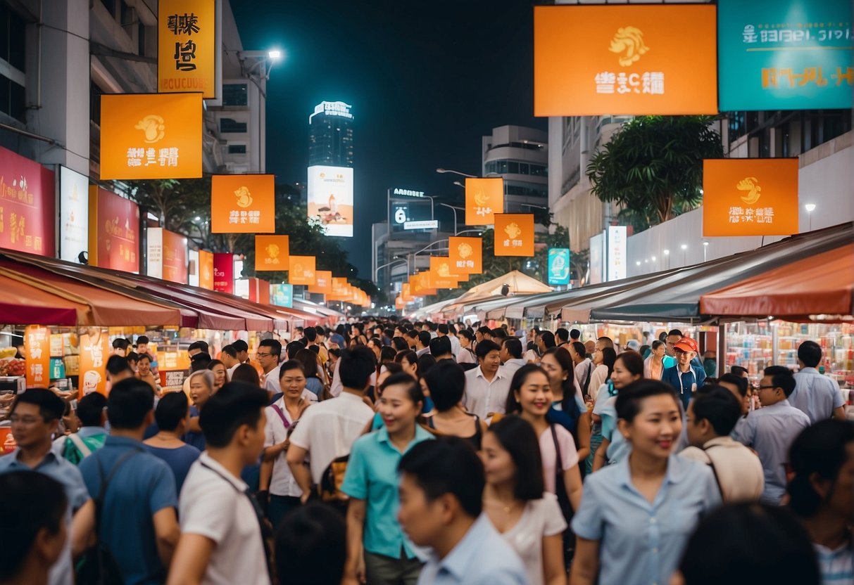 A bustling Singapore street with colorful banners promoting Medicube products, surrounded by eager shoppers and busy vendors