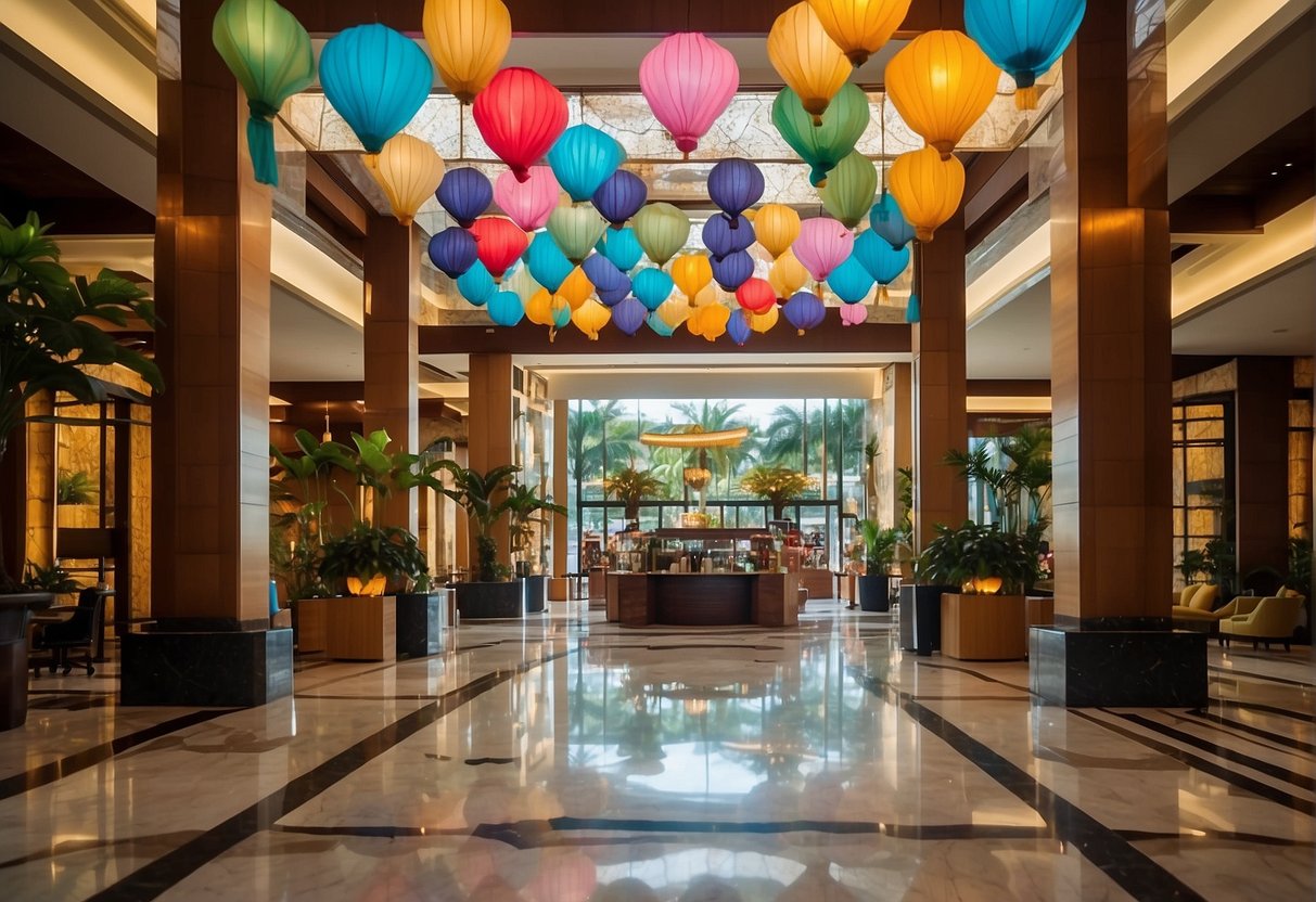 The bustling lobby of Shangri-La Rasa Sentosa, with colorful banners and signs advertising exclusive promotions in Singapore