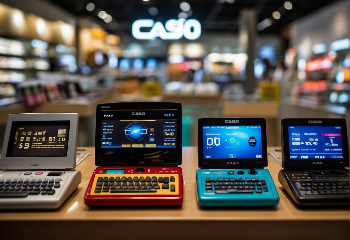 A vibrant display of Casio products with promotional signage in a bustling Singapore store