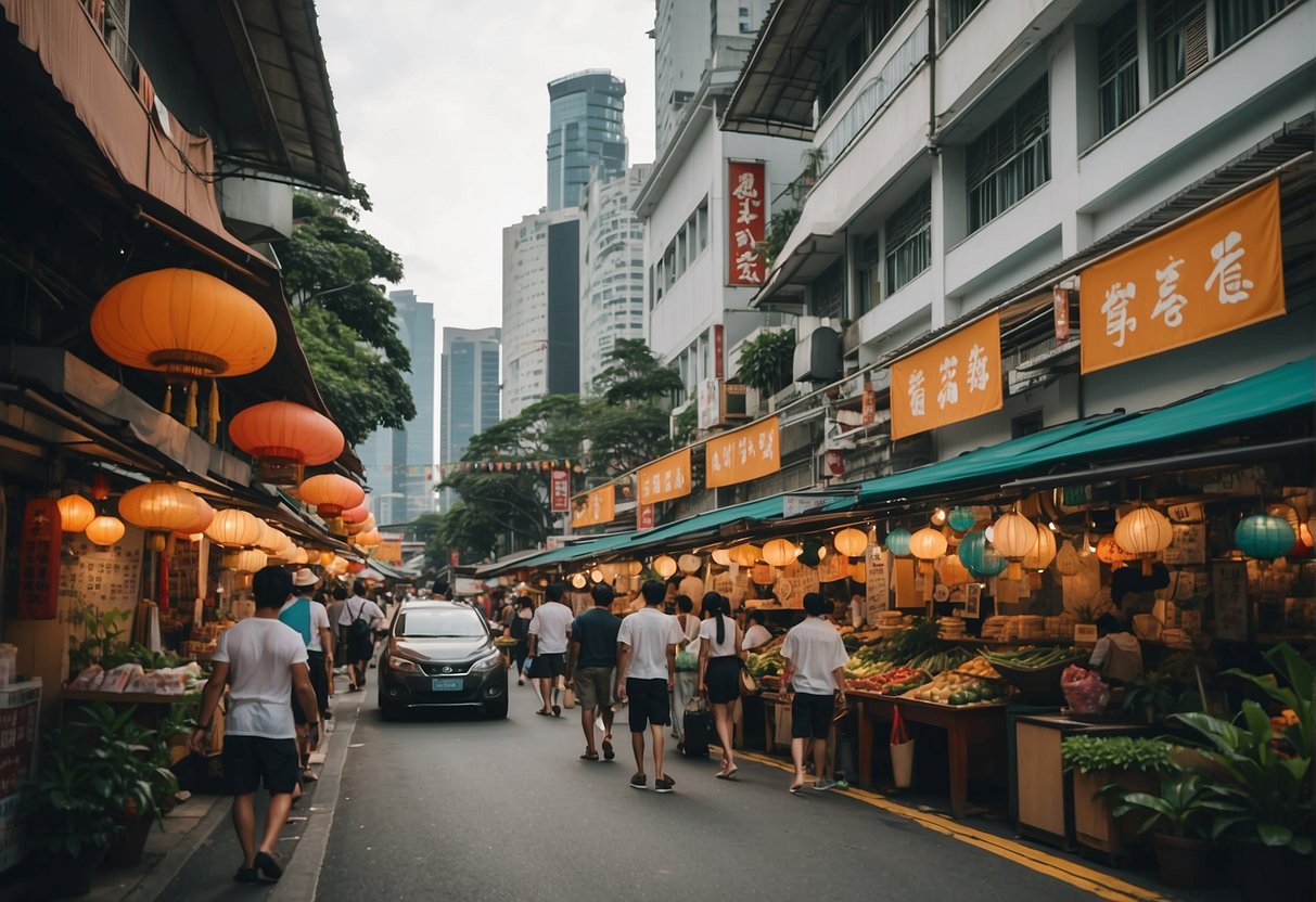 A bustling street in Singapore with colorful banners and signs promoting Mikuni, creating a lively and vibrant atmosphere