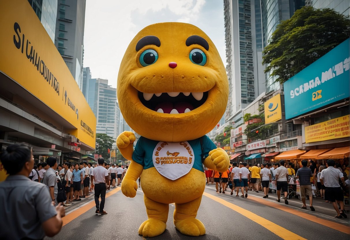 A bustling city street with colorful banners and a giant curry monster mascot promoting Exclusive Promotions 2024 in Singapore