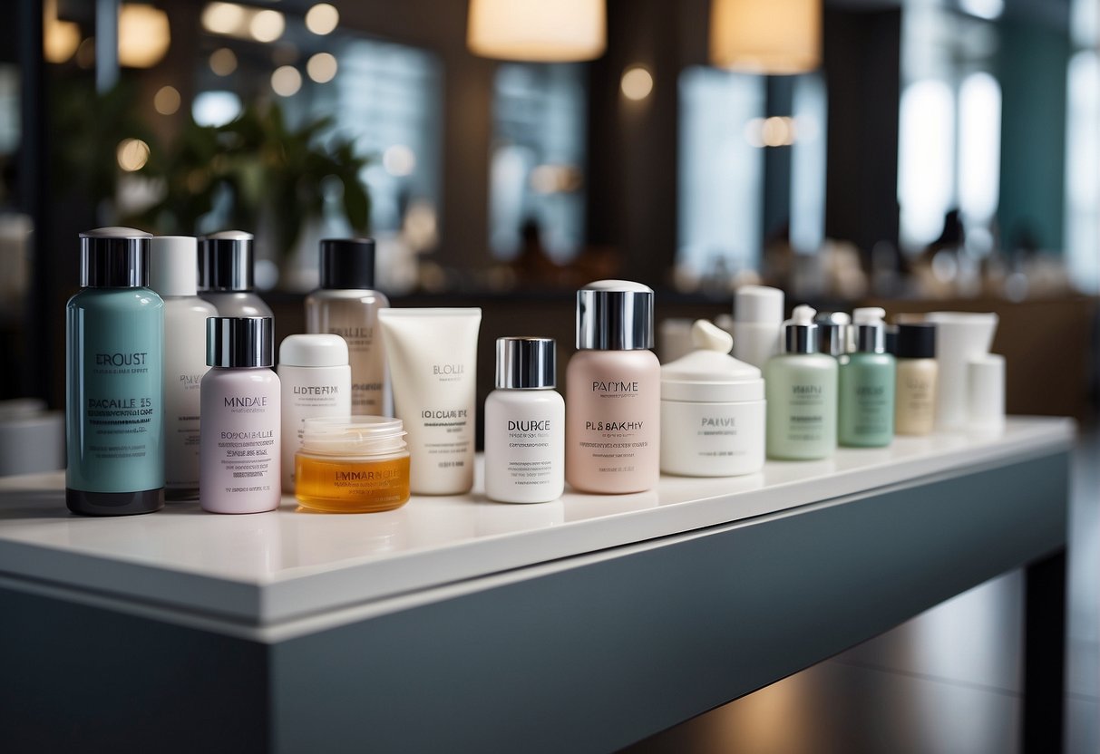 A table displaying various skincare products with promotional signs and banners