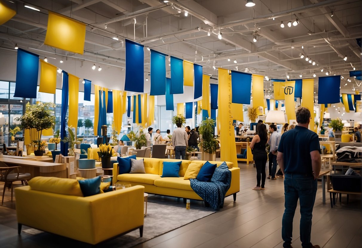 Bright yellow and blue banners hang above a crowded showroom. Customers browse through displays of furniture and home accessories, while staff members assist with inquiries