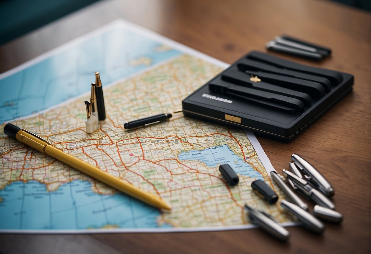 A table with various promotional pens, a sign reading "Frequently Asked Questions," and a map of Singapore in the background