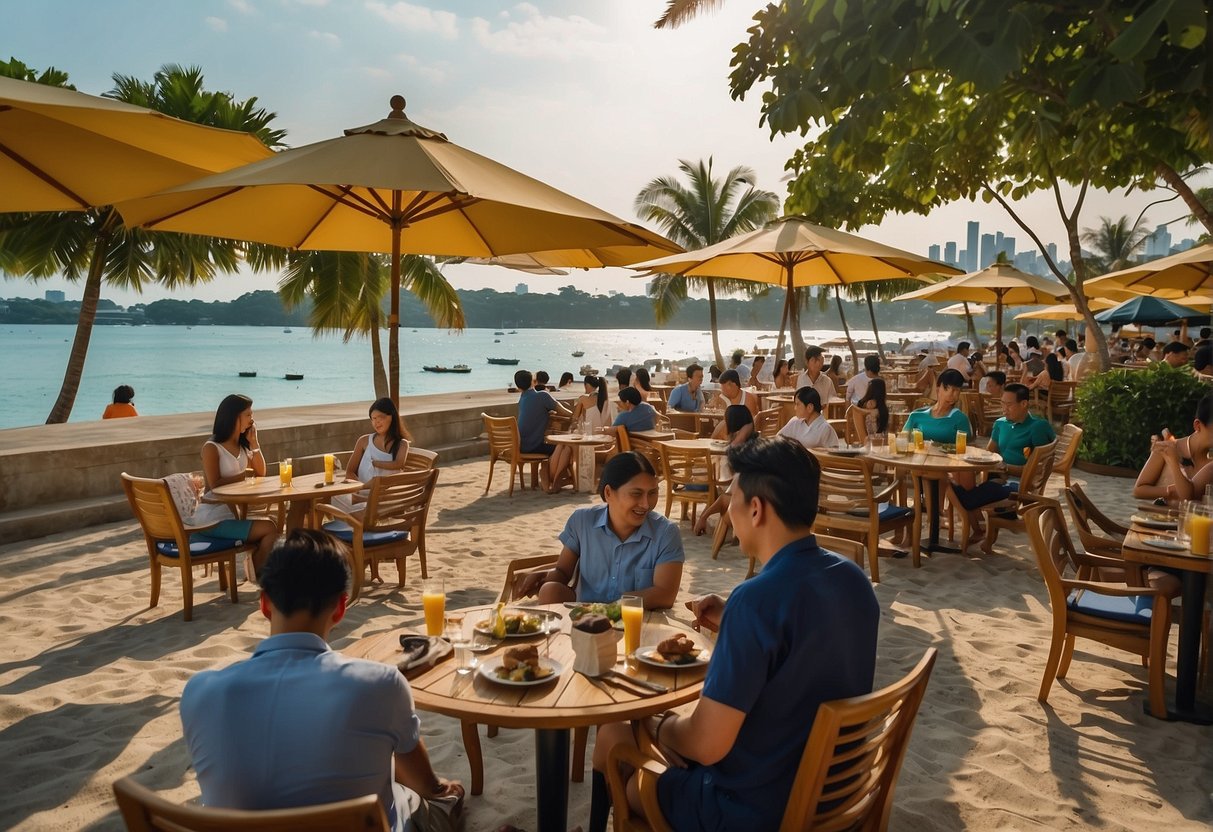 People enjoying beach activities, dining, and live music at Sentosa Island's Rasa Sentosa Resort, with promotional signs visible