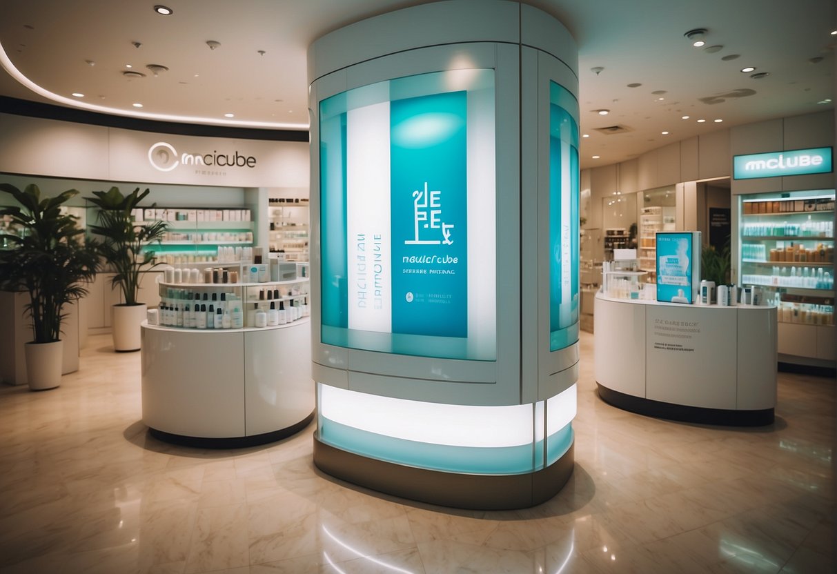 A brightly lit display of Medicube skincare products with promotional signage and details in a Singaporean retail setting