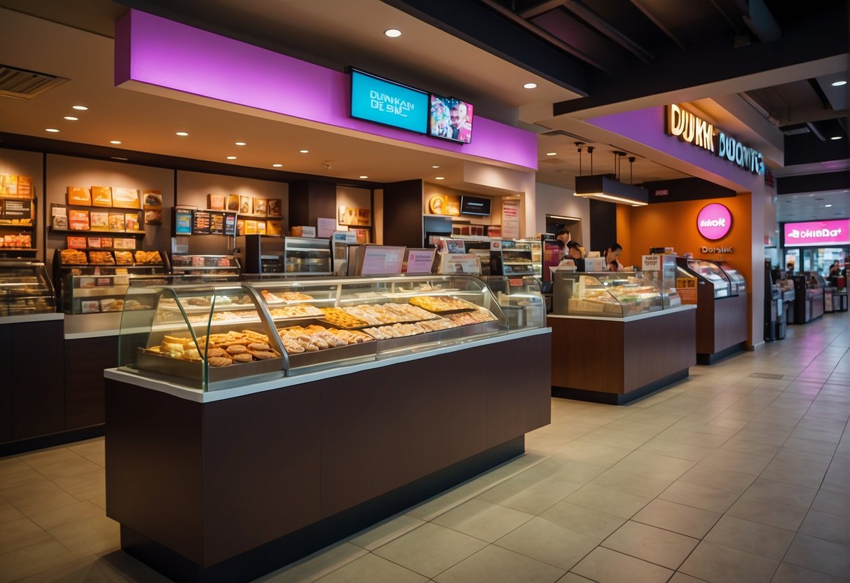 A bustling Dunkin' Donuts store in Singapore, with colorful promotional displays and excited customers participating in various promotions