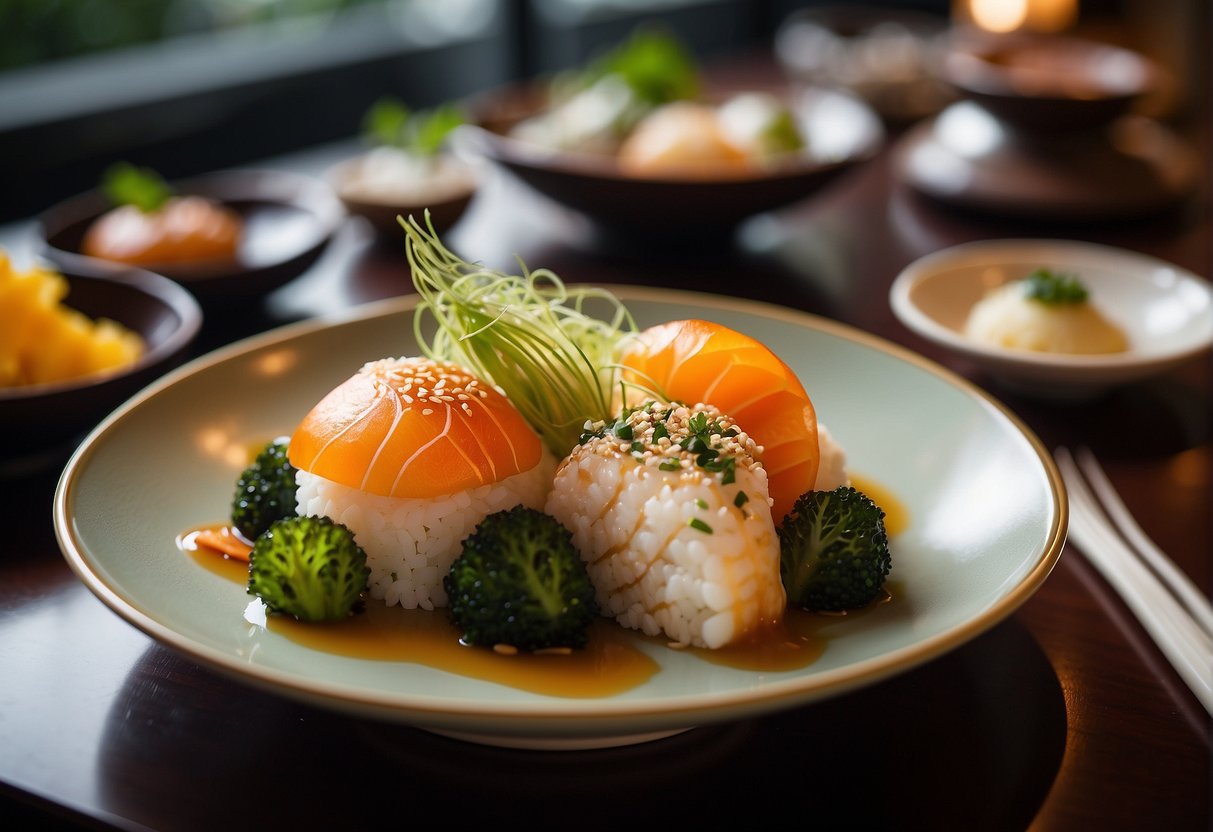 A table set with exquisite Japanese cuisine at Fairmont Singapore's Mikuni restaurant, with elegant plating and vibrant colors, surrounded by a sophisticated and luxurious ambiance