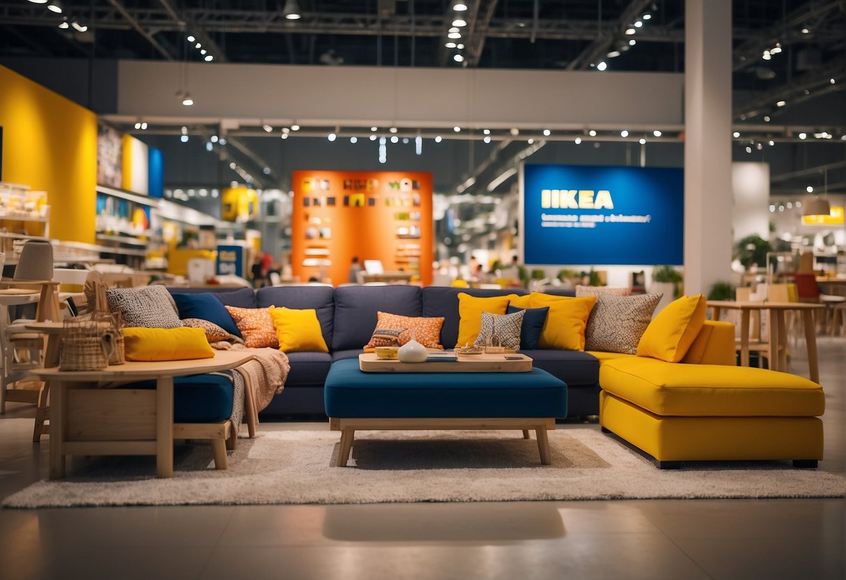 A colorful display of discounted furniture and home decor items at an Ikea store in Singapore. Bright signage and enticing price tags draw in customers