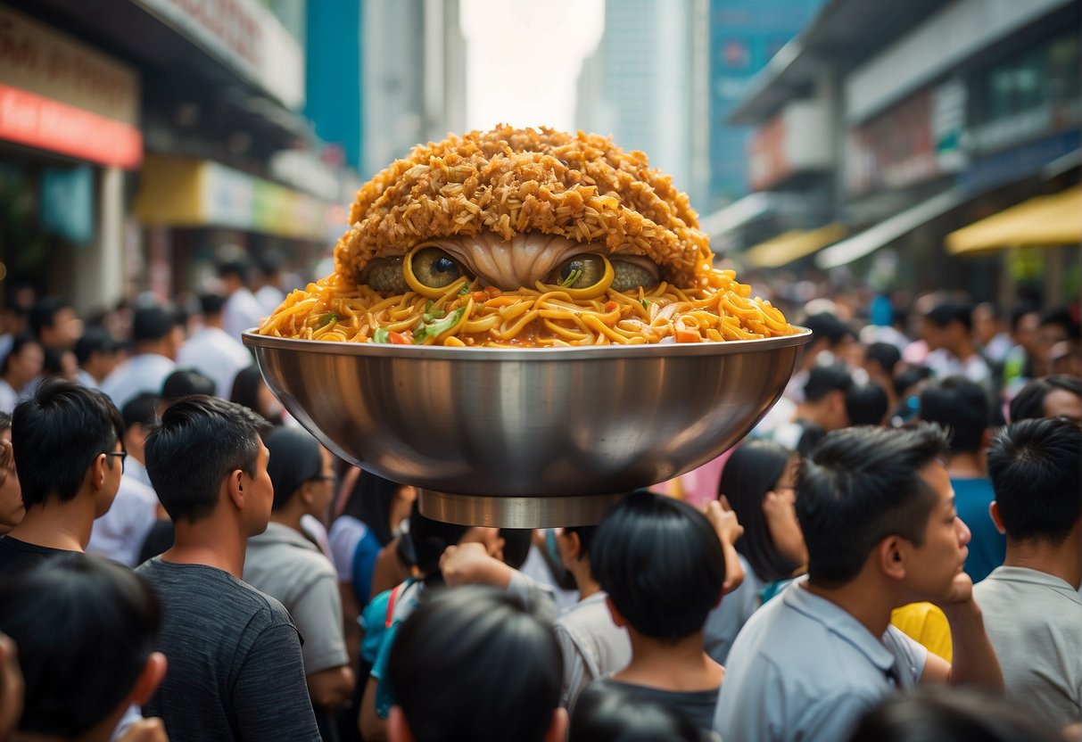 A giant monster curry bowl hovers over a bustling Singapore street, with a crowd of eager customers lined up for the popular promotion