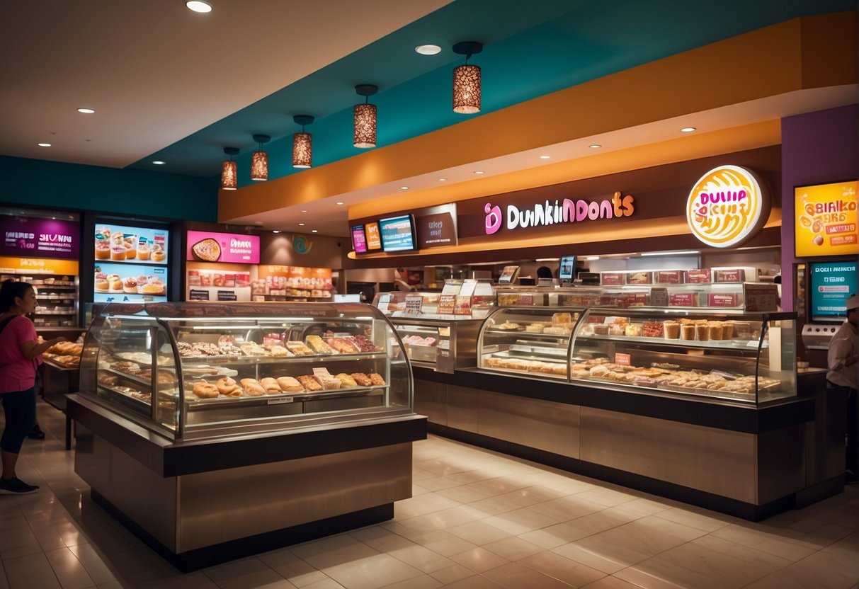 A busy Dunkin' Donuts store in Singapore with colorful promotional signs and a queue of customers