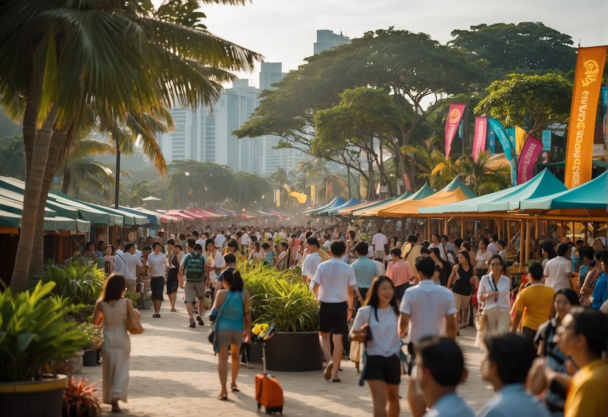 A bustling beachfront with colorful promotional banners and a crowded information booth at Rasa Sentosa, Singapore