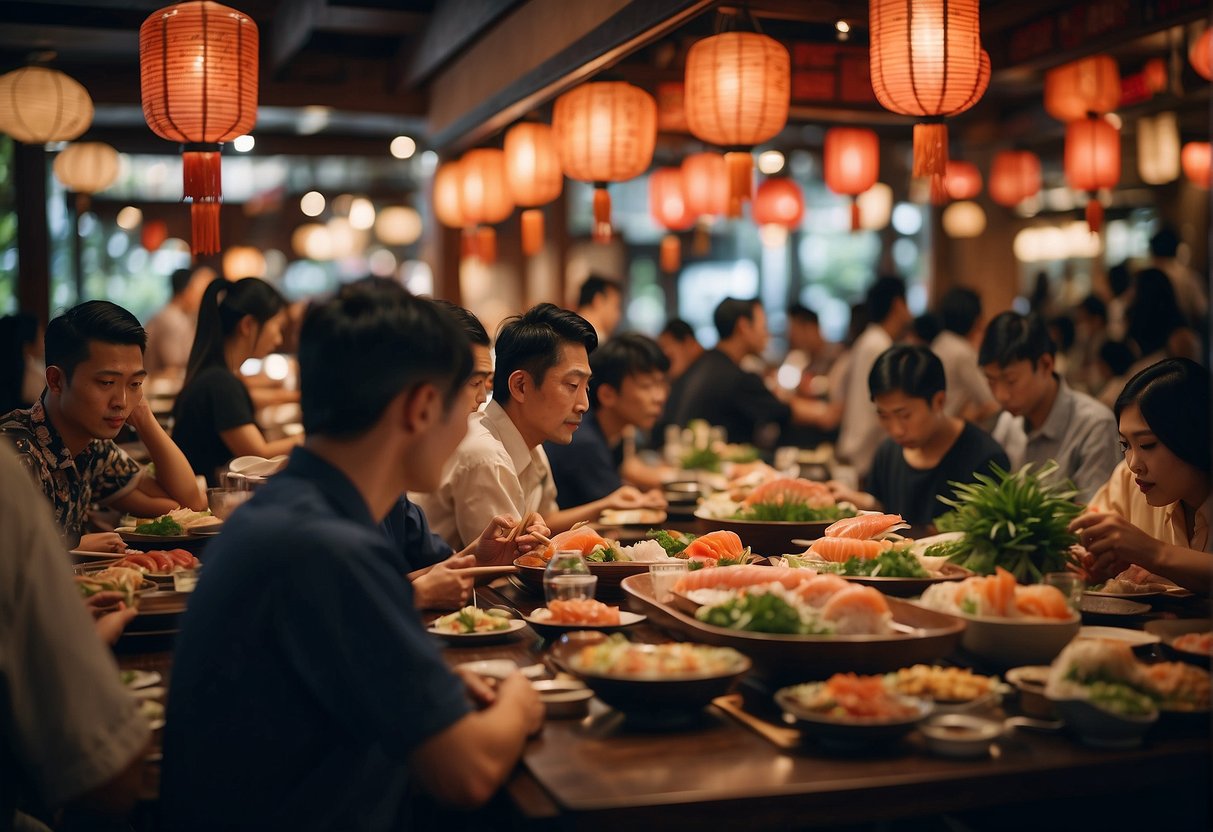 A busy Japanese restaurant in Singapore, with colorful banners and lanterns, serving sushi and sashimi to a diverse crowd