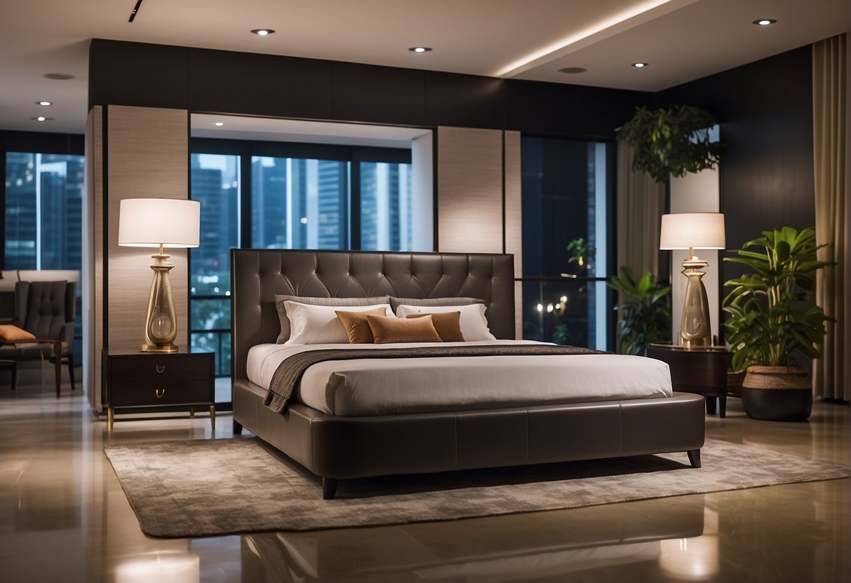 A single bed displayed with a "Exclusive Furniture Deals" sign in a Singapore showroom