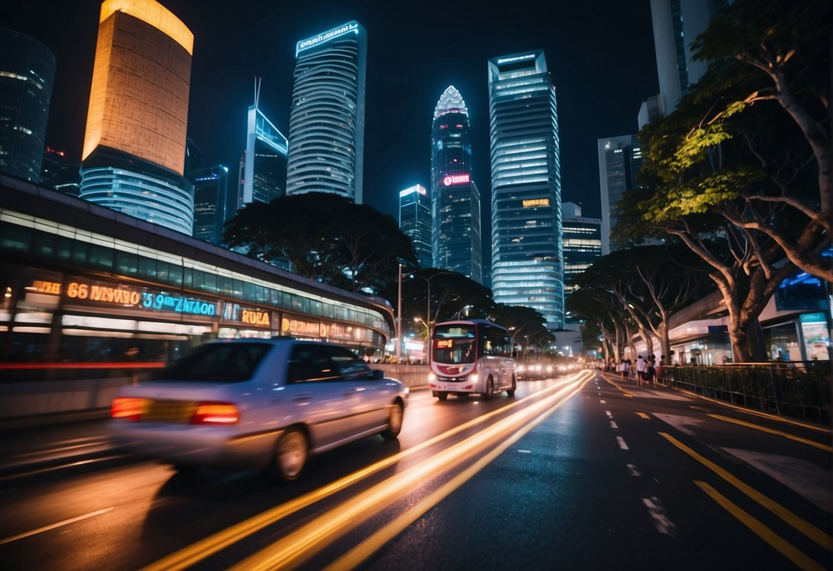 A bustling Singapore street at night, with colorful neon lights illuminating the vibrant atmosphere. Tall skyscrapers loom in the background, while people and cars create a sense of movement and energy