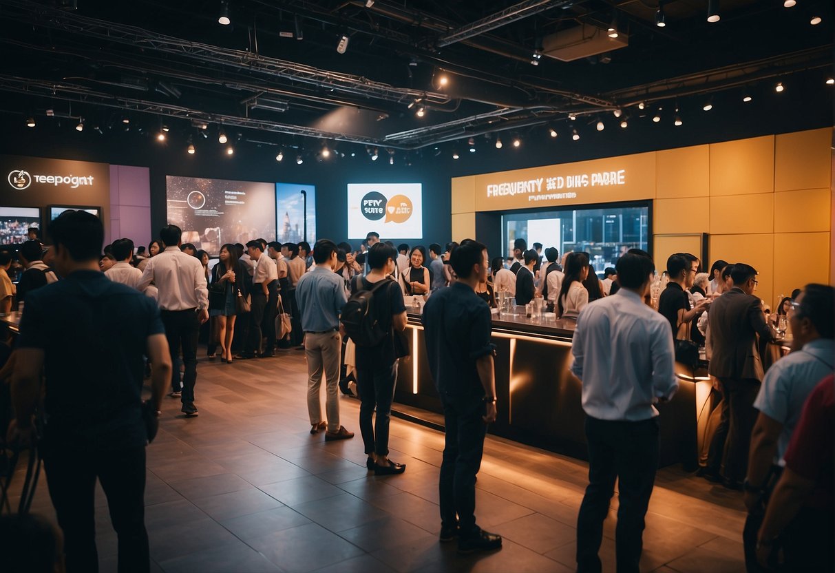 A crowded event space with a prominent "Frequently Asked Questions" sign and a promotional booth in Singapore