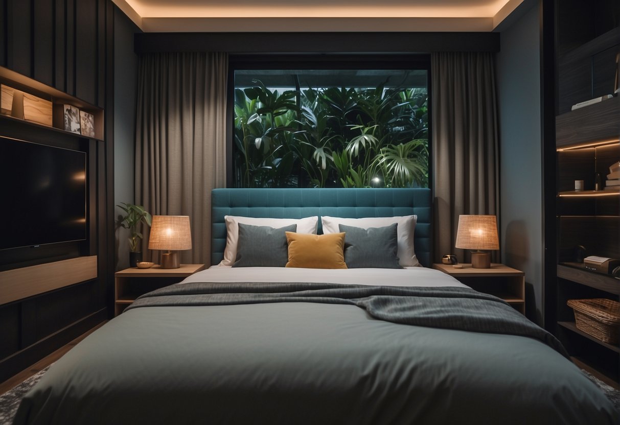 A cozy bedroom with a neatly made single bed, surrounded by promotional materials for Singaporean bed sales