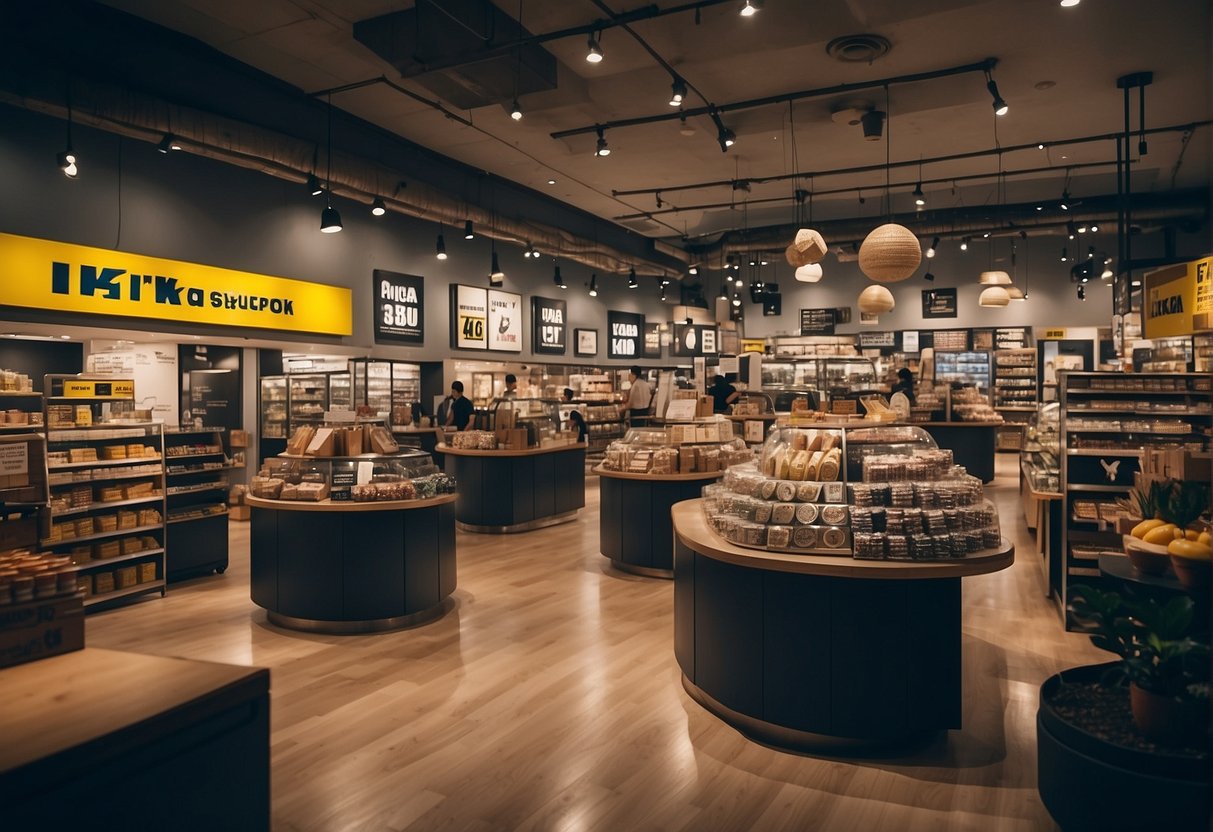 A crowded store with prominent "Frequently Asked Questions" signs and "ikea promotions singapore" banners displayed throughout