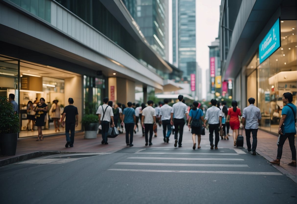A bustling city street with colorful signage and busy pedestrians in front of the JTB Promotions Singapore office