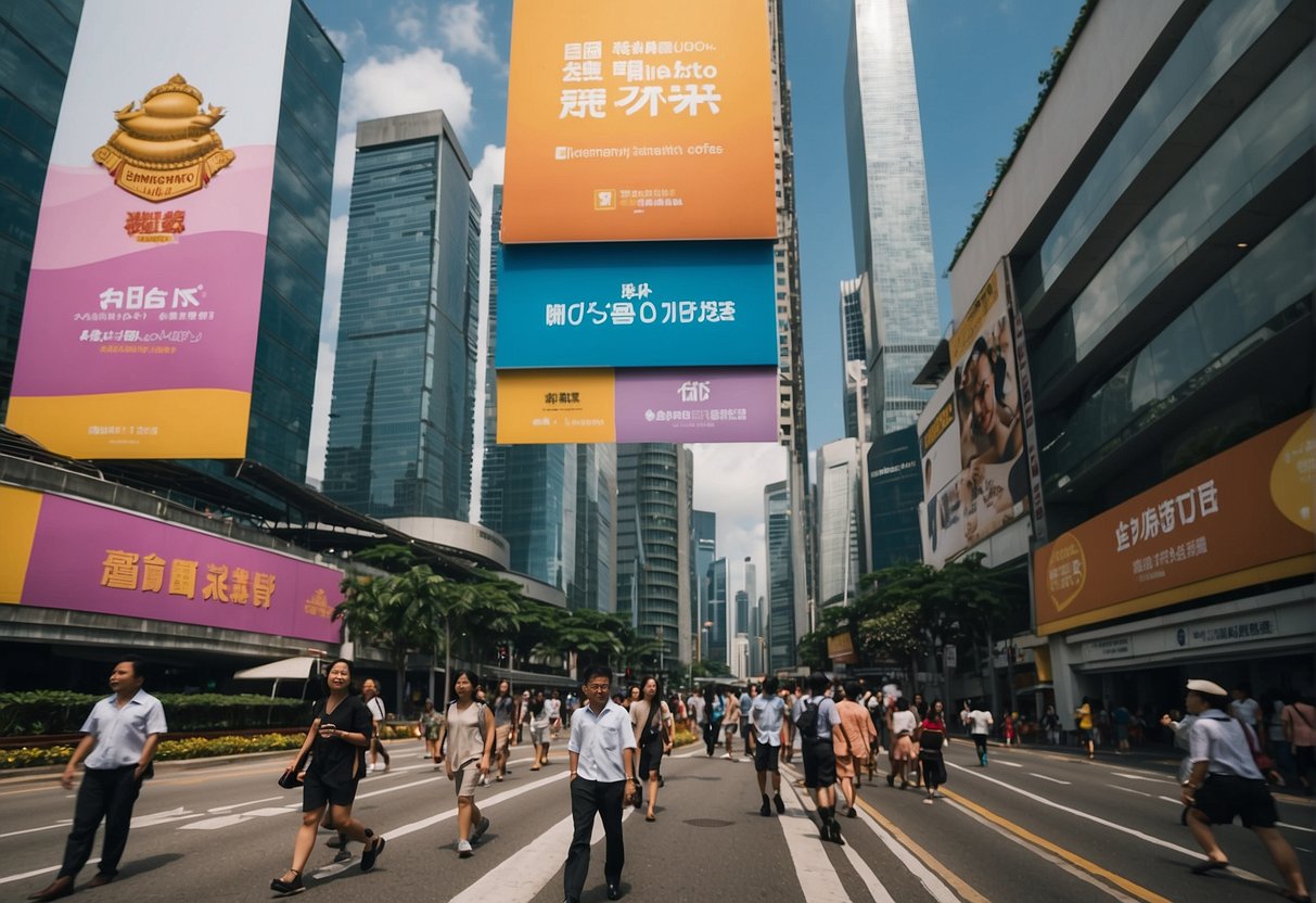 A bustling city street with colorful banners advertising renovation promotions in Singapore. Skyscrapers loom in the background as people pass by, intrigued by the offers