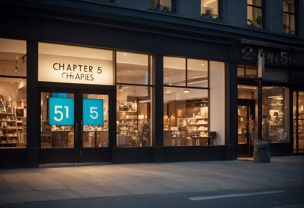 Brightly lit storefront with large "Chapter 55" sign. Window displays feature bold "promo" signs and products. People walk by outside
