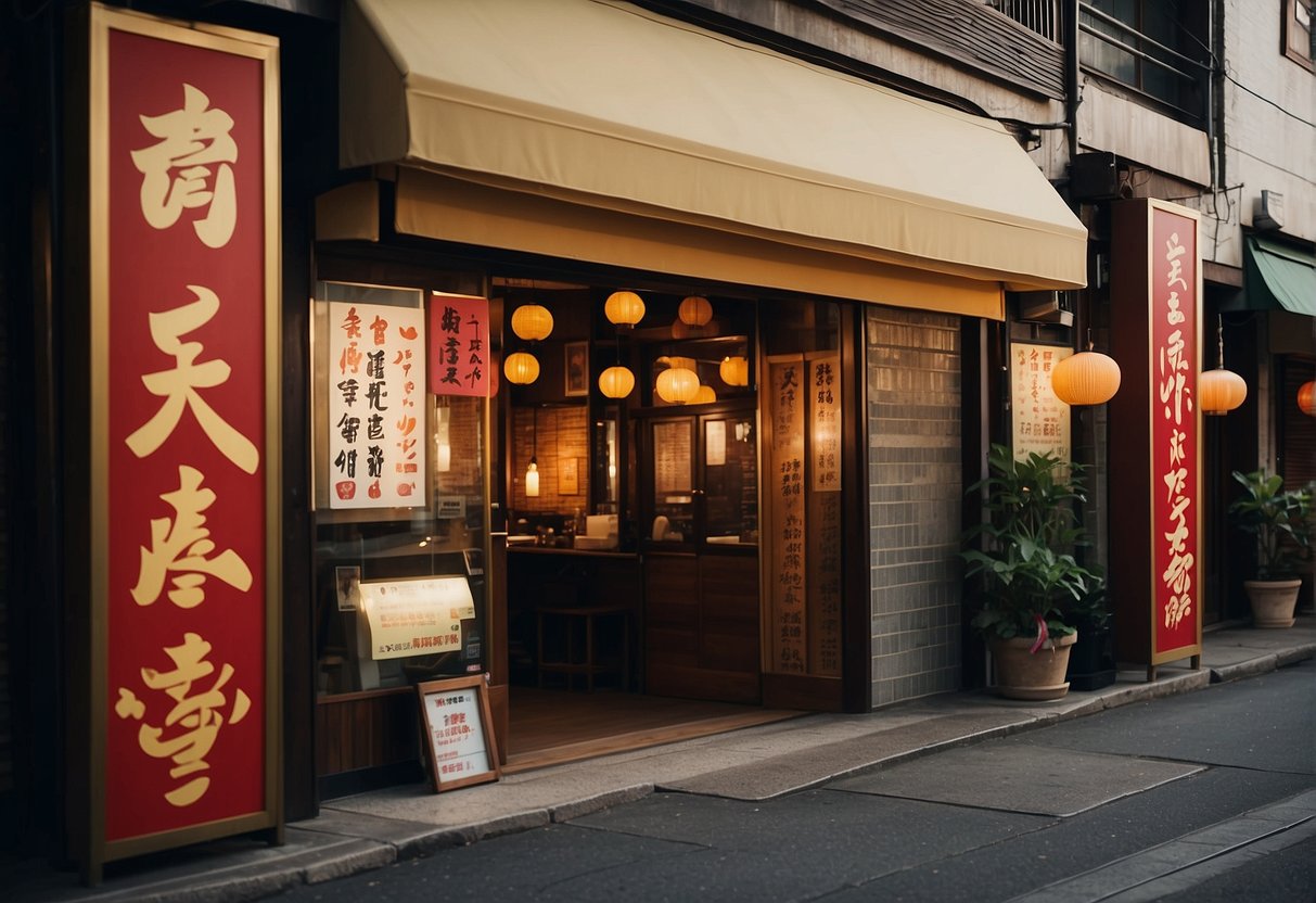 Vibrant banners and colorful signage adorn the entrance of a bustling Japanese restaurant, enticing passersby with the promise of exciting promotions and delectable cuisine