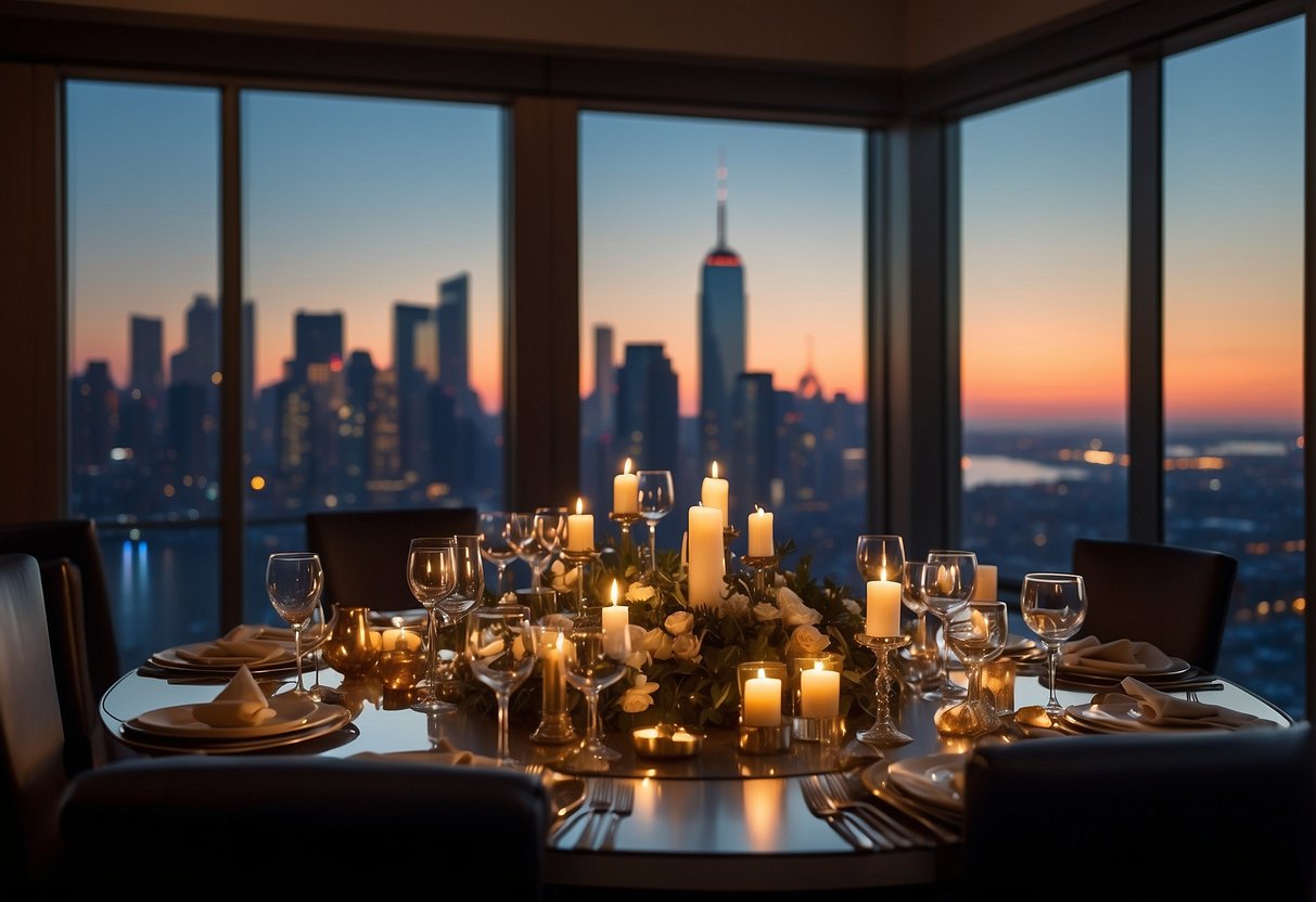 A lavish dining room with elegant table settings, soft candlelight, and a view of the city skyline through floor-to-ceiling windows