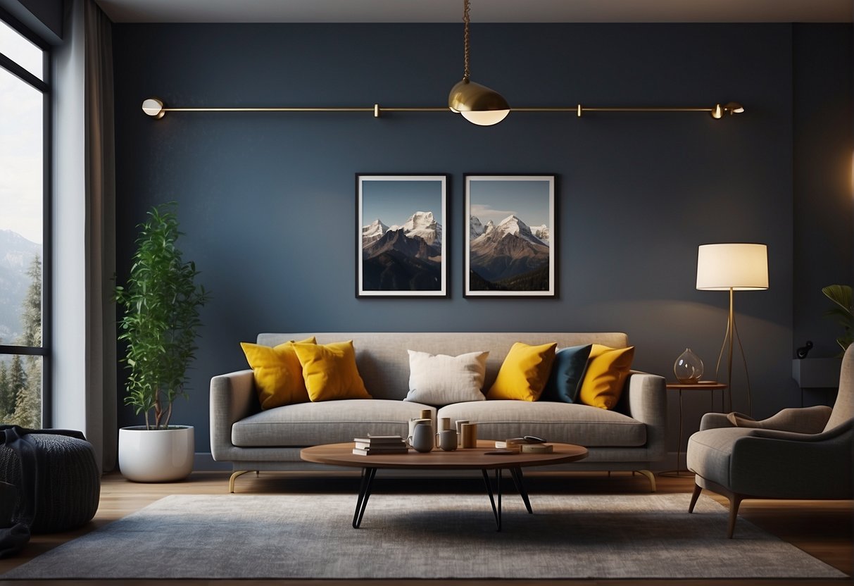 A cozy living room with new furniture, bright lighting, and modern decor. A banner advertising renovation deals hangs on the wall