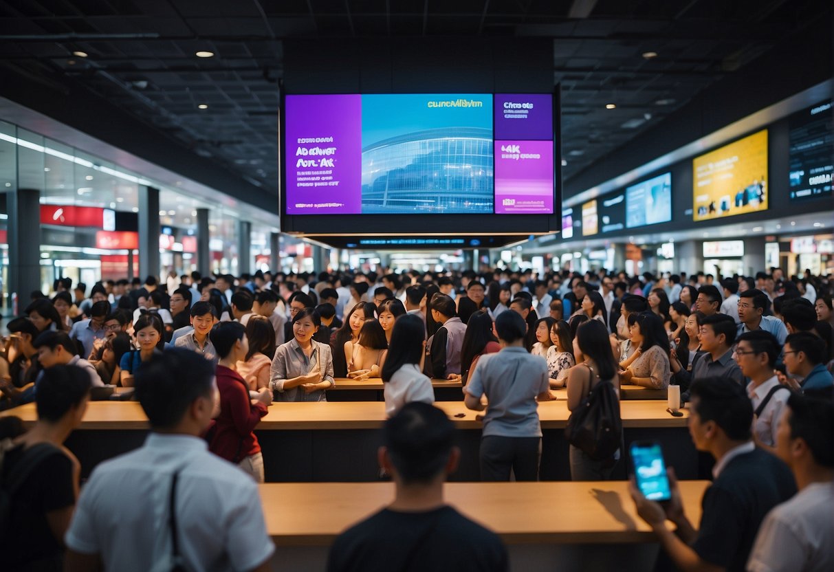 A crowd gathers around a display of smartphones in a bustling Singapore mall, with colorful promotional banners and bright digital screens drawing in potential customers