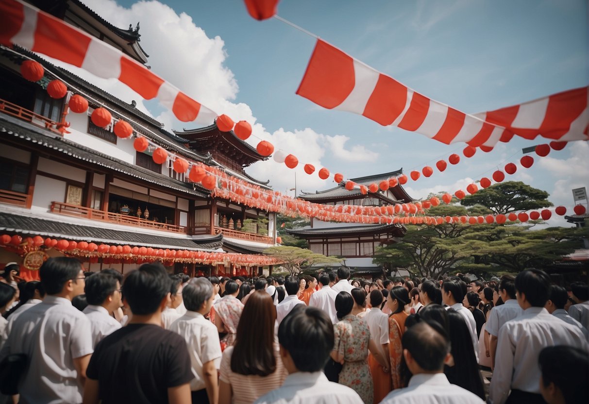 A festive scene with Japanese and Singaporean flags, traditional decorations, and people enjoying cultural performances