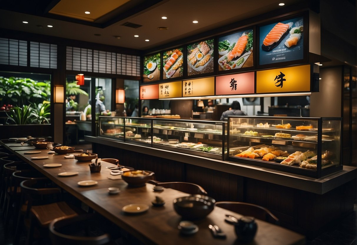 A bustling Japanese restaurant in Singapore, with colorful sushi displays and promotional signs highlighting the best deals