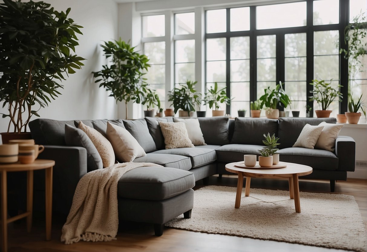A cozy living room with modern furniture, warm lighting, and a stylish rug. A large window lets in natural light, and a decorative plant adds a touch of greenery