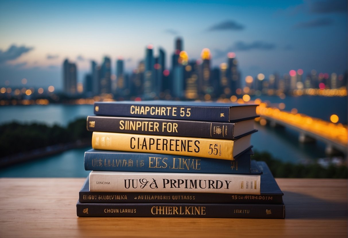 A stack of FAQ books with "Chapter 55 Promo Singapore" on the cover, surrounded by a city skyline and iconic landmarks