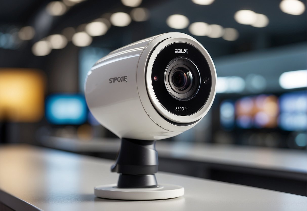 A sleek IP camera is displayed against a backdrop of modern technology gadgets, with promotional banners and text showcasing its features