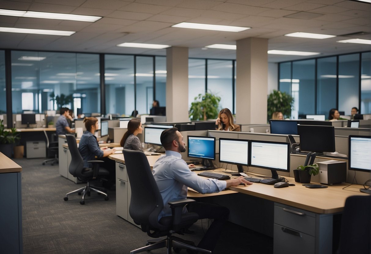 A bustling office with employees answering phones and typing at computers, with a prominent "Frequently Asked Questions" sign displayed prominently