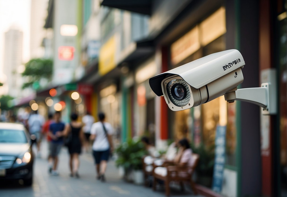 A CCTV camera with promotional banners in a bustling Singapore street