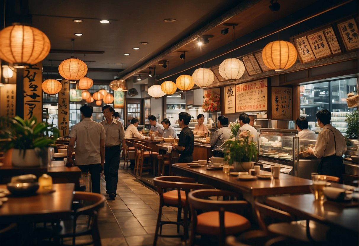 A bustling Japanese restaurant in Singapore, with colorful promotional banners and a busy staff serving customers