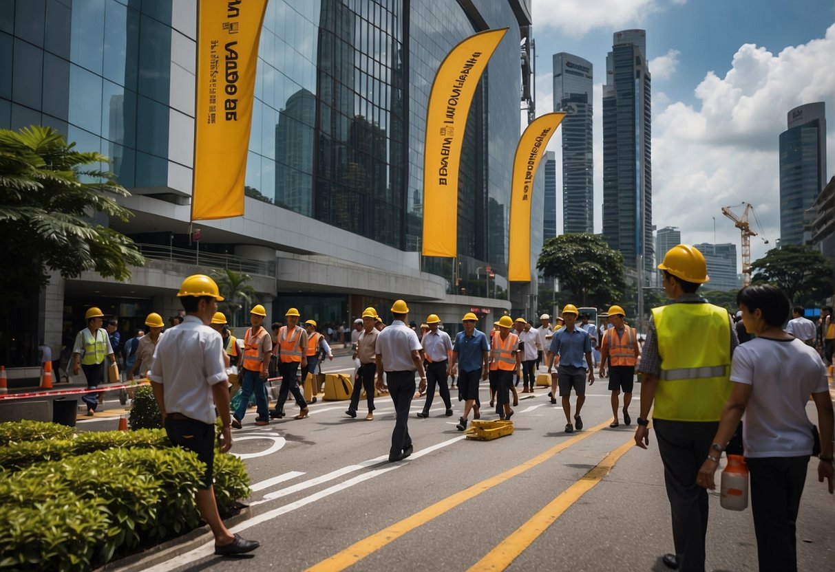 A bustling city street with colorful banners advertising renovation promotions in Singapore. Pedestrians walk by, while a construction crew works on a building in the background